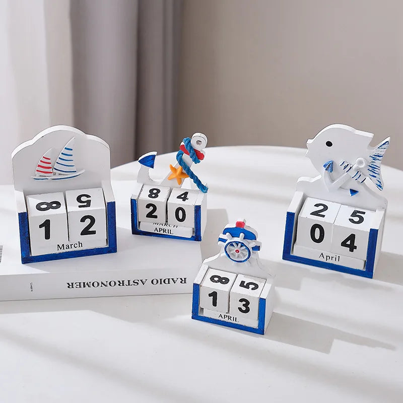 Eco-Friendly Mediterranean Time Date Plate HYE09 Wooden Calendar Ornaments Nautical Mini Card for Desktop Decoration