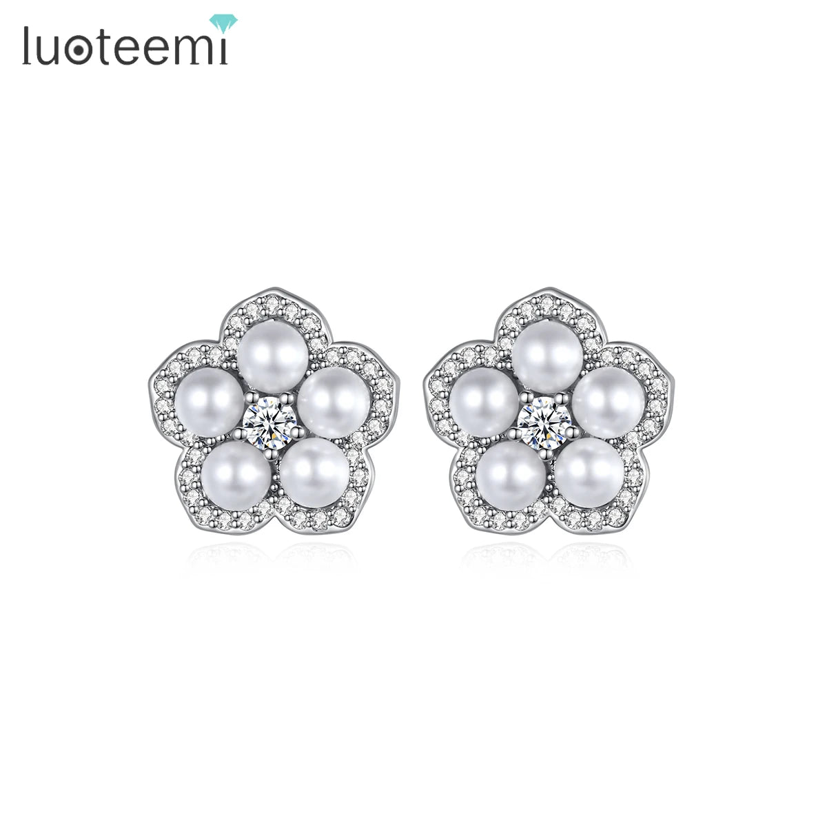 LUOTEEMI Zircon Cubic Zirconia Flower Wedding Jewelry Earing and Trendy Popular Woman Pearl Stud Earrings