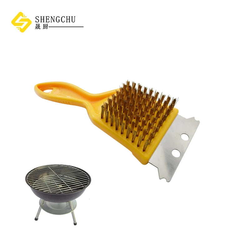 Household BBQ Grill Cleaning Brush & Scraper with Plastic Handle Stainless Steel Long Handle for Barbecue Grate