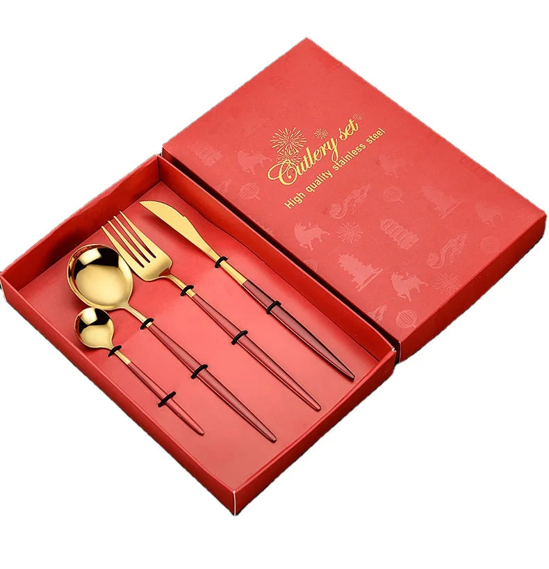 Christmas 304 Stainless Steel Gold Shinny Flatware Set Luxury 4pcs Dinner Knife Fork Spoon Cutlery With Gift Box