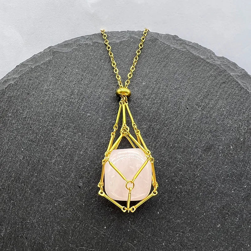 Wholesale Bulk Stainless Steel Gold Plated Chain Crochet Cage Pocket clear Crystal Stone Bead Pendant Necklace Jewelry