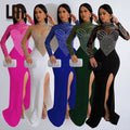 Liu Ming Clearance Sales Women Hot Sexy Party Club Long Sleeve Rhinestones High Side Split Bodycon Maxi Dress