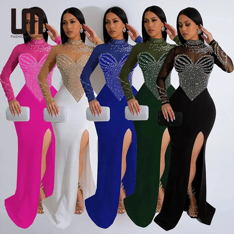 Liu Ming Clearance Sales Women Hot Sexy Party Club Long Sleeve Rhinestones High Side Split Bodycon Maxi Dress