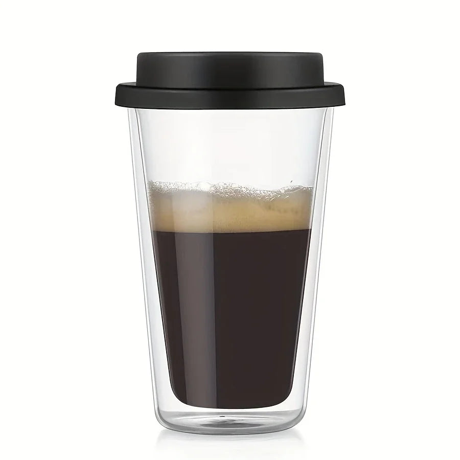 Double-Wall Insulated Glass Coffee Cup with Spill-Proof Lid 360ML Borosilicate Glass Tumbler for Hot & Cold Beverages