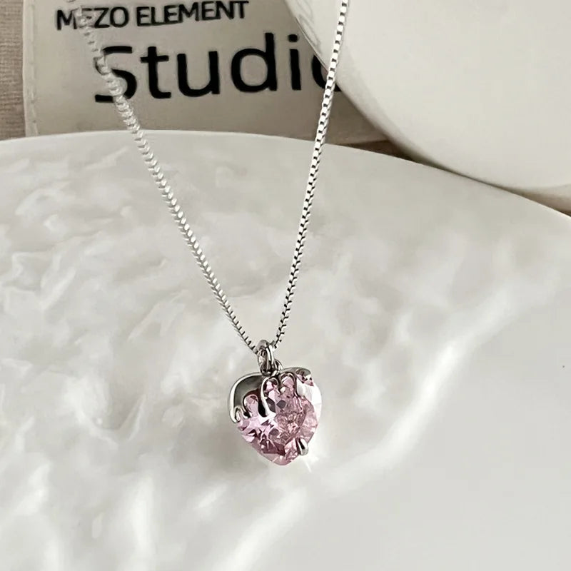 Strawberry Sweetheart Necklace 925 Silver with Pink Heart & Sparkling Cz on a Rhodium-Plated Box Chain Pink Heart Necklace
