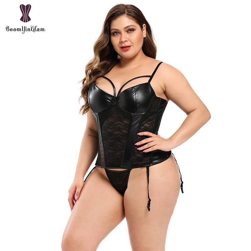 Solid Black Women's Body Shapewear See Through Corset With Garters Leather Corset Top Plus Size