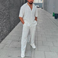 Men'S Casual Loose Beach Outfit Solid Color Striped Short Sleeved Set Southeast Asian Men'S Shirt Two-Piece Set