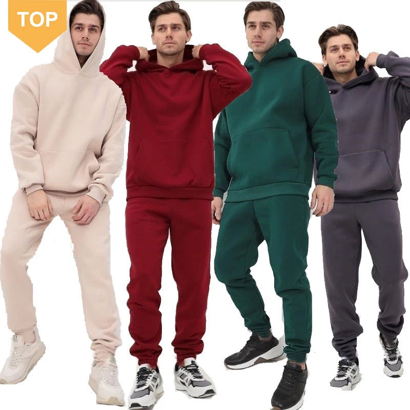 Customized Logo High Quality Winter Woven Jumper Men's 350g Fleece Lined Hoodies Set Wholesale Casual Pullover