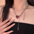 Red love Tassel Chain Stainless Steel Necklace Niche Design Hip-hop Personality High-end Sweater Sweater Chain Jewelry