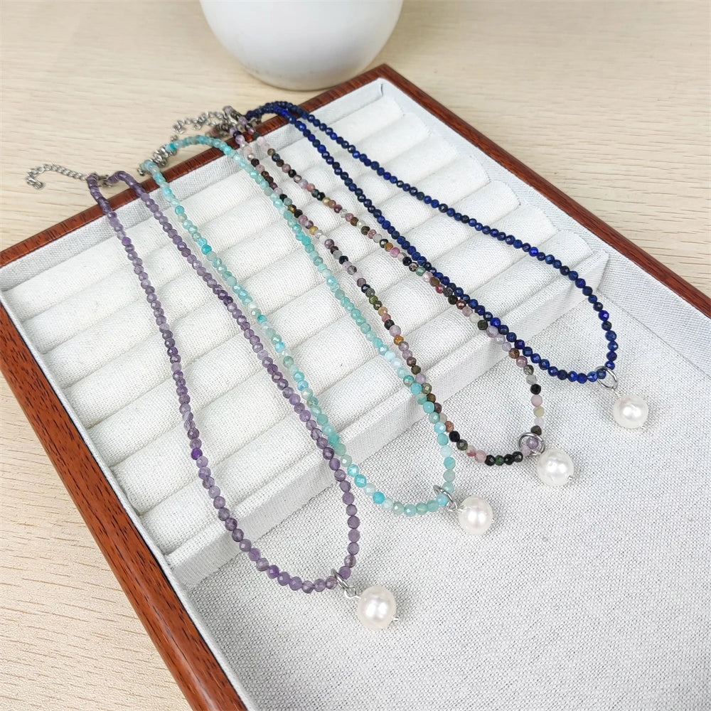 Wholesale Boho Style Natural Stone Faceted Round Black Spinel Moonstone Beads Freshwater Pearl Pendant Necklace Summer Jewelry