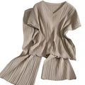 One Size Summer Pullover V-Neck Solid Top Versatile 9/4 Wide Leg Pants Women's Pleated Knit Two-piece Set