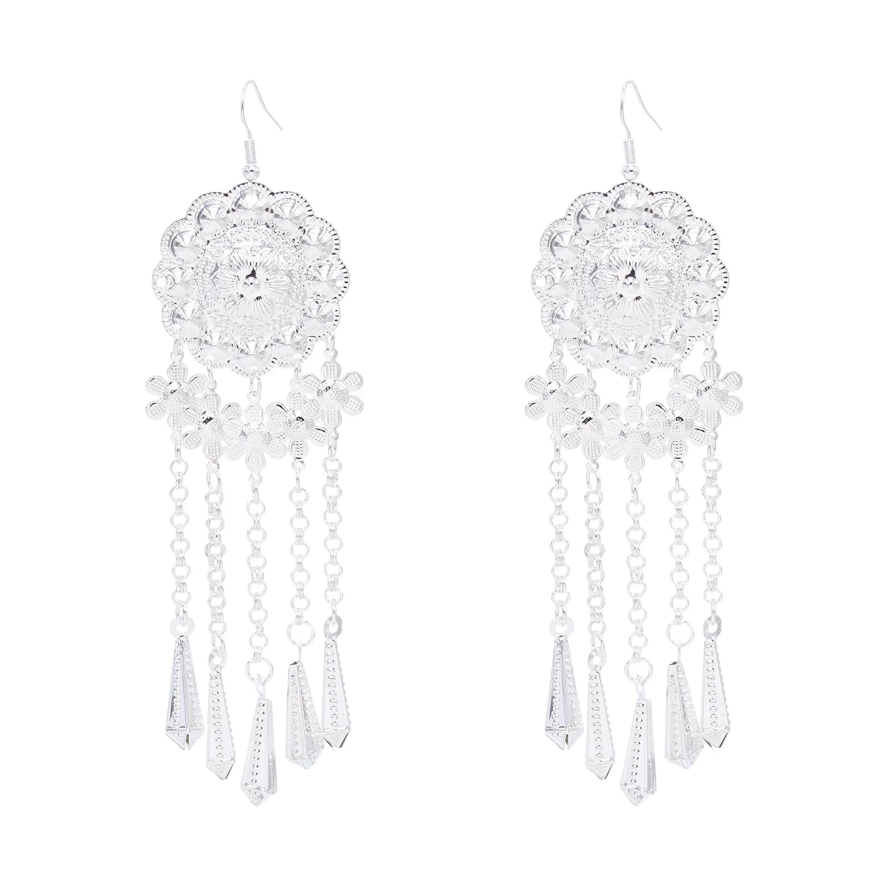 Silver Plated Ethnic Statement Tassel Earrings with Carved Flower Pendant Drop Dangle Design for Women