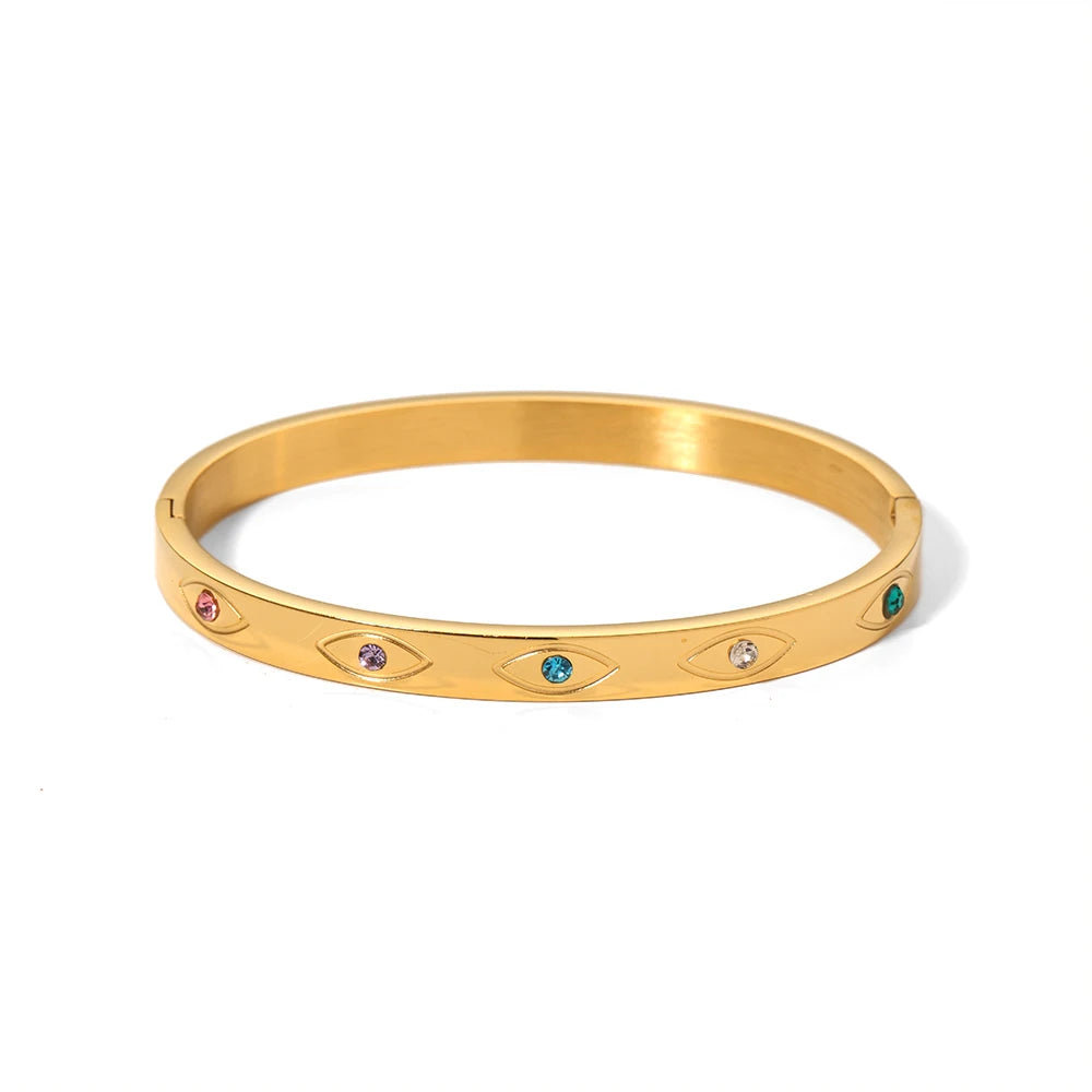 Fashionable Women's Stainless Steel 18K Gold Plated Eye Bangles with Colorful Zirconia Jewelry Gift