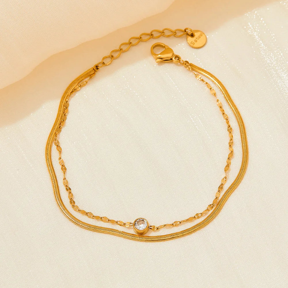 Personality Trendy Soft Snake Bone Chain Jewelry Gold Plated Stainless Steel Double Layer Snake Chain Zircon Bracelet for Women