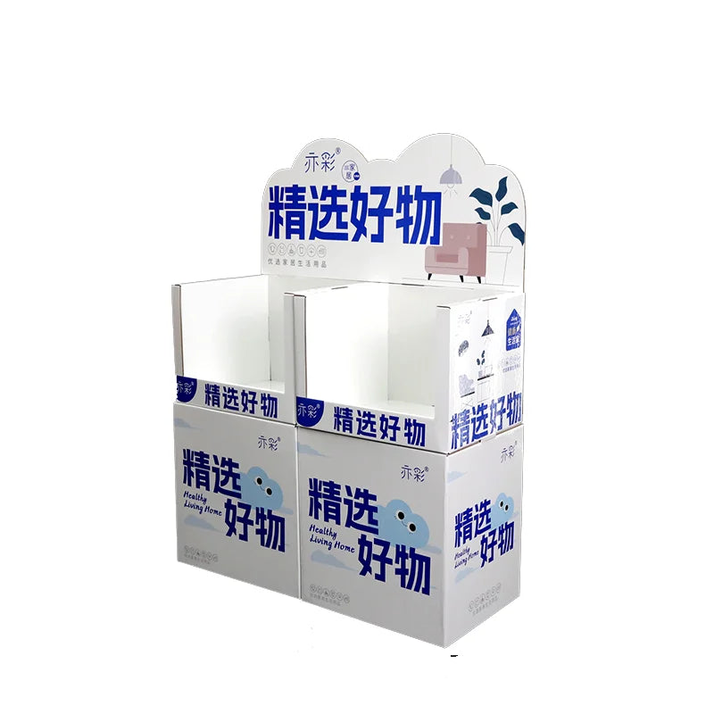 Fast Assembly Sustainable Stable Dual-Bin Functional POP Advertising Cardboard Floor Display Racks for Impulse Purchase