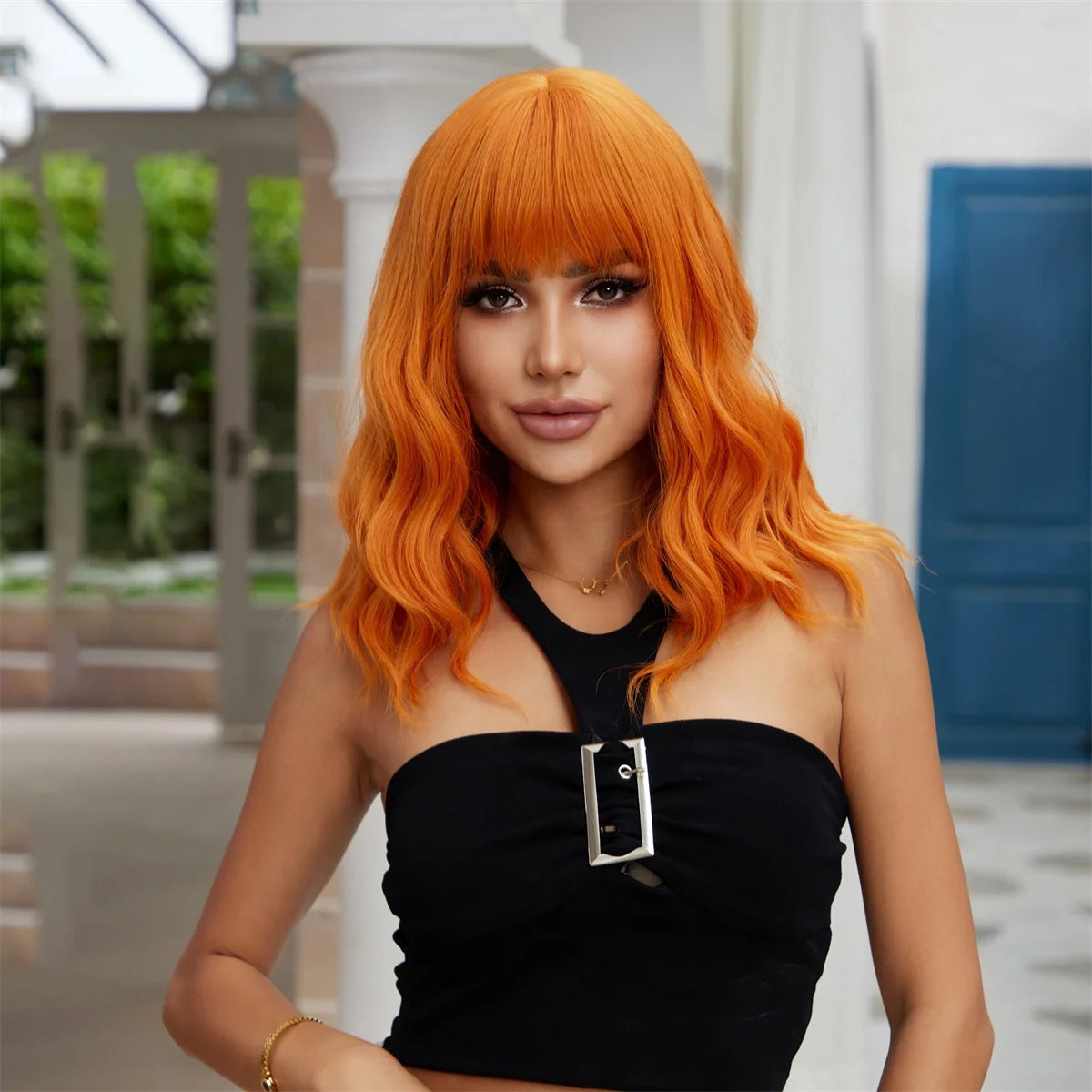 Fast Delivery Short Bob Wavy Curly Wigs With Bangs Orange Synthetic Wig for Women Natural Hair Replacement Wigs