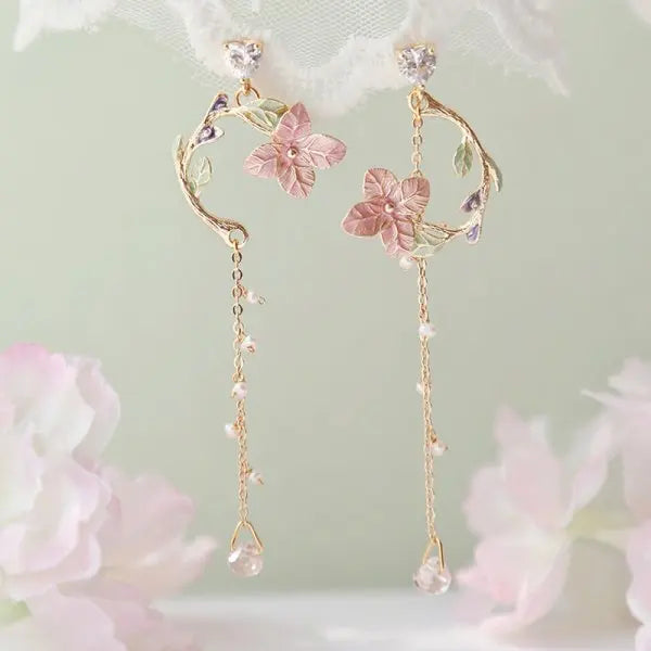 Korean Style Flower Cute Pearl Dangle Earrings for Women Vintage Flower Leaf Tassel Pearl Asymmetric Earring Party Jewelry Gift