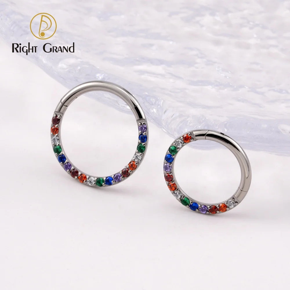 Fashion Face Piercing Jewelry Rainbow Zircon Hinged Segment ASTM F136 Titanium Nose Clicker Ring