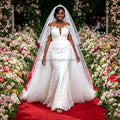 Customized New Style Bridal Gown Lace Long Sleeve Deep V-neck Mermaid Detachable Train Wedding Dress