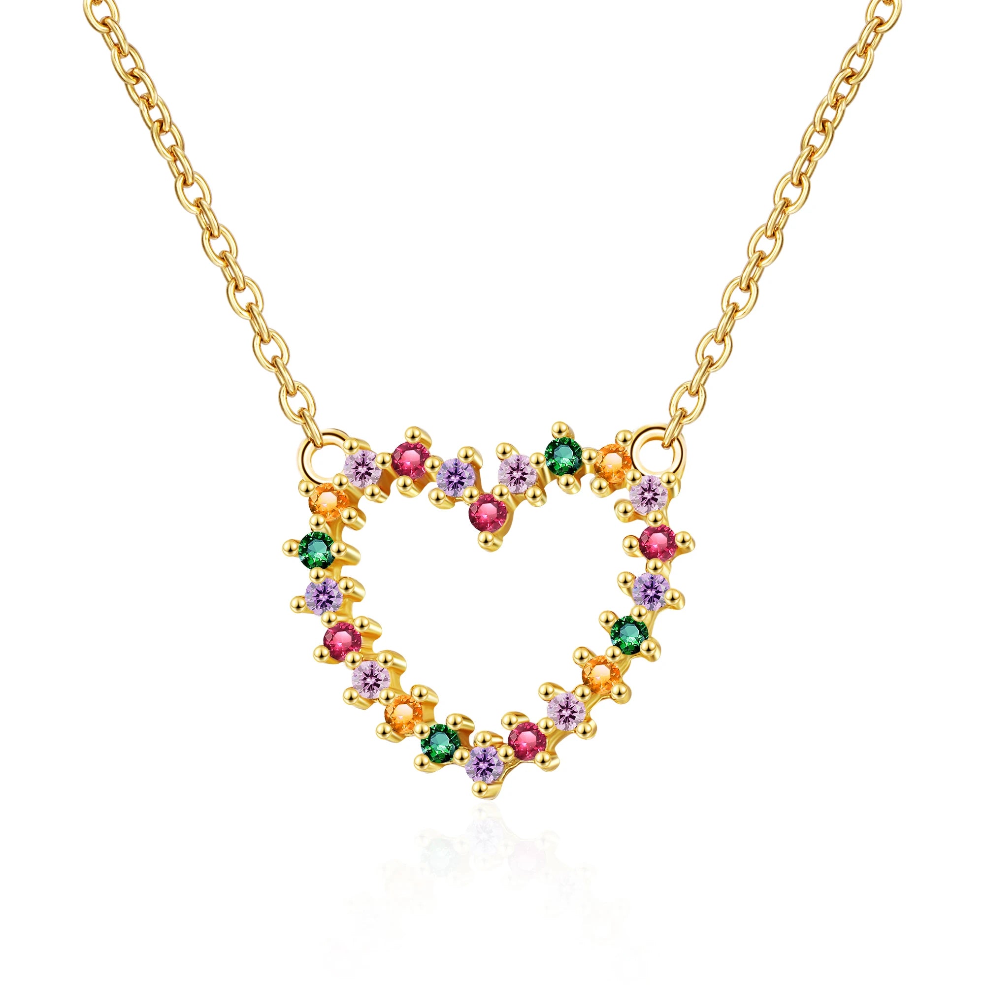 Fashion Gold Plated Colorful Gemstone Necklace Heart Pendant Women 925 Silver Necklace