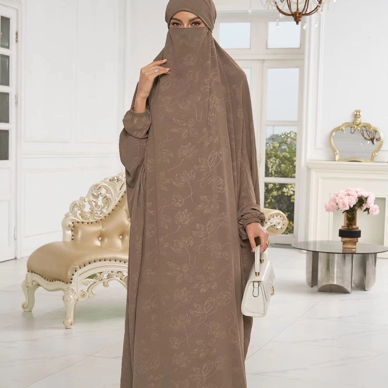 Burgundy Jacquard Worship Women Long Dress Muslim Ethnic Clothing Special Occasion Women Abaya Islamic