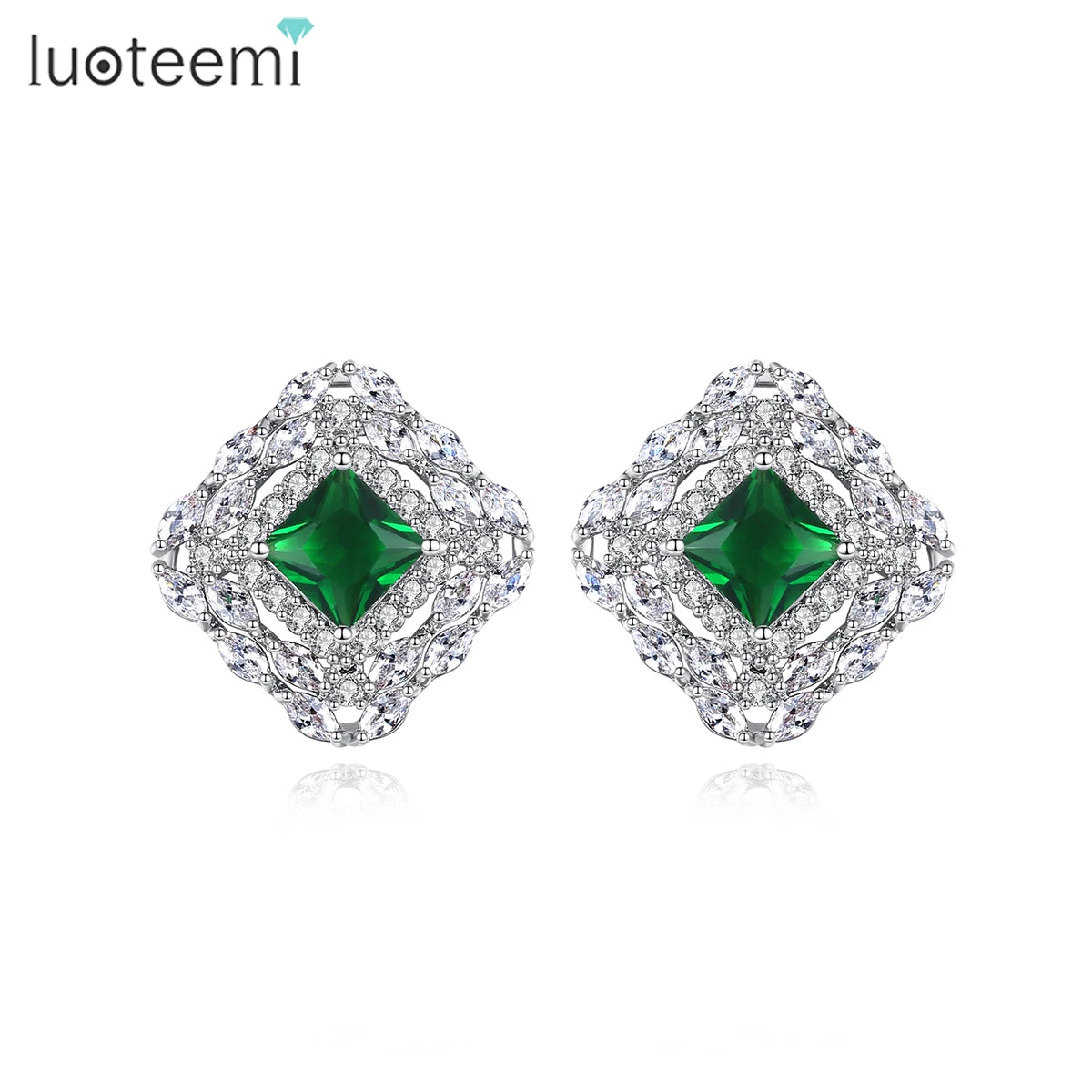 LUOTEEMI Statement Green Zircon Jewelry Elegant Classic Emerald Stud Earrings for Women Gifts