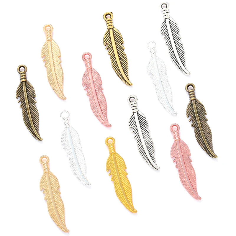 Antique Silver Color Feather Charms Metal Pendant Fit Bracelet Necklace Earring Jewelry Making 27*6mm D320