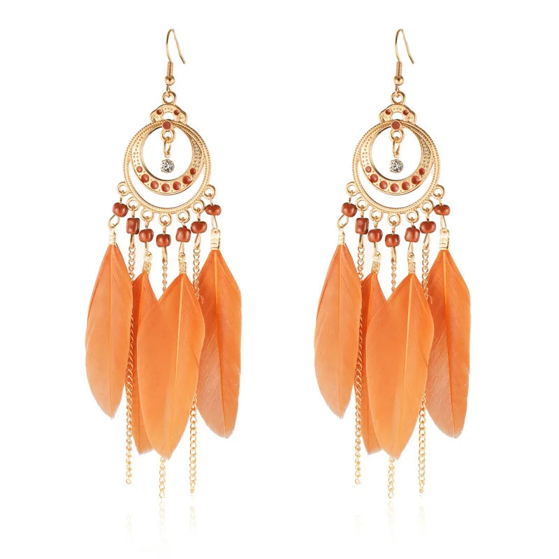 Gold Tone Red Feather Dangle Earrings Fashion Long Black Tassel Feather Earrings for Women