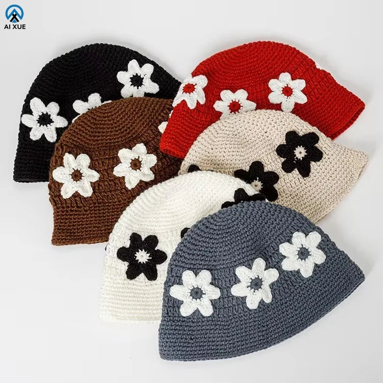 Women's Summer Crochet Beanies Embroidered Logo Design Breathable Mesh Fabric Floral Crochet Bucket Hat for Travel Beach Ski