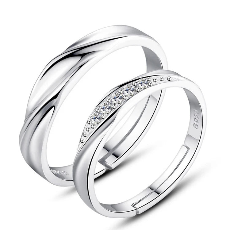 Luxury Korean Style Girlfriend Gift 925 Silver Plated Zircon Lover Couples Engagement Adjustable Rings Set Jewelry for Wedding