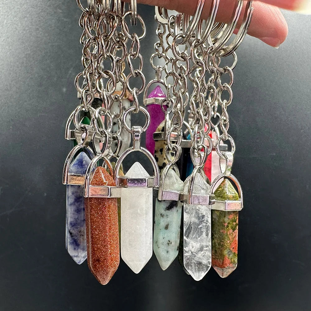 New Arrival Best Selling Natural Rose Quartz Point Keychain Crystal Malachite  Bullet Hexagonal Pillar Keyrings Pendant