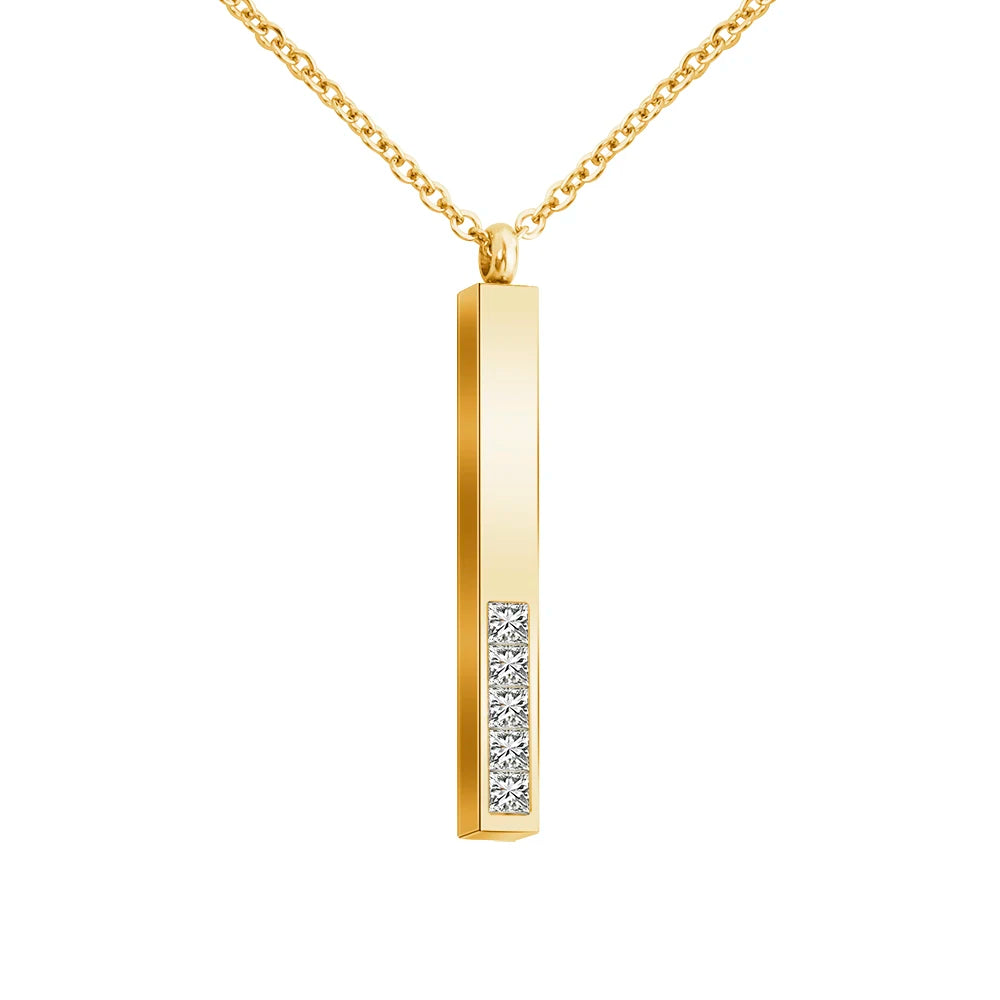 Vintage Stainless Steel Rectangle Bar Pendant Necklace With Rhinestone