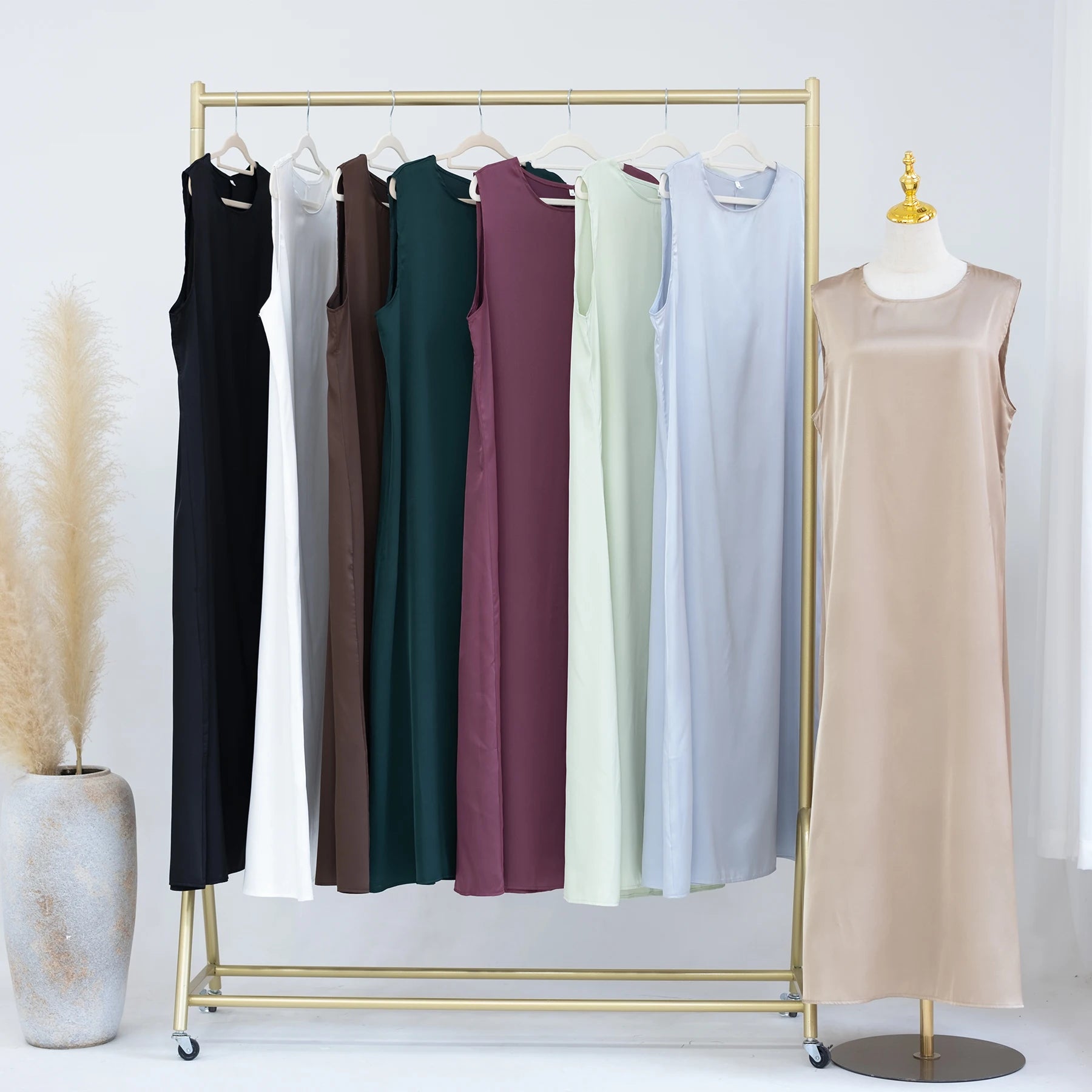 Loriya New Design Muslim Abaya Casual Dress Solid Color Slip Dresses Satin Sleeveless Women Modest Abaya Inner Dress