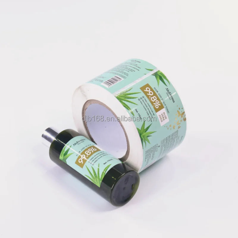 Factory-Direct Custom Aloe Vera Hair Scalp Label Stickers - Light Green Metallic Accent Self-Adhesive Roll Labels
