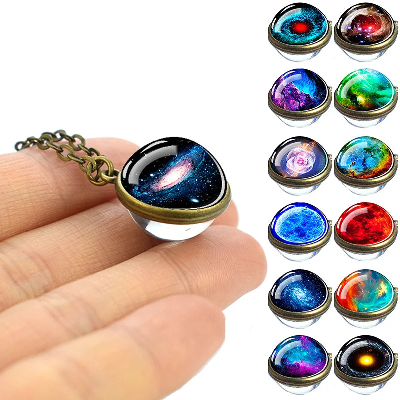 Luminous Nebula Galaxy Double-Sided Pendant Necklace Trendy Alloy Handmade Glass Art Picture Universe Planet Jewelry