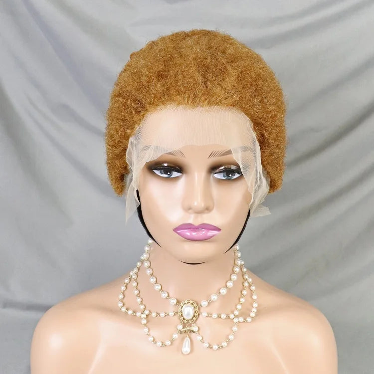 #30 Colored Honey Brown Afro Hair Pixie Cut Wig 13x4 Lace Full Frontal Short Bob Wigs For Black Women