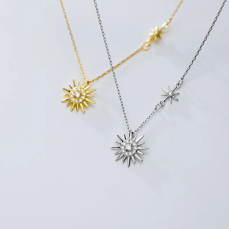 American European 925 Sterling Silver Sun sunlight Sunshine Zircon Pendant Gold Plated Necklaces for Women
