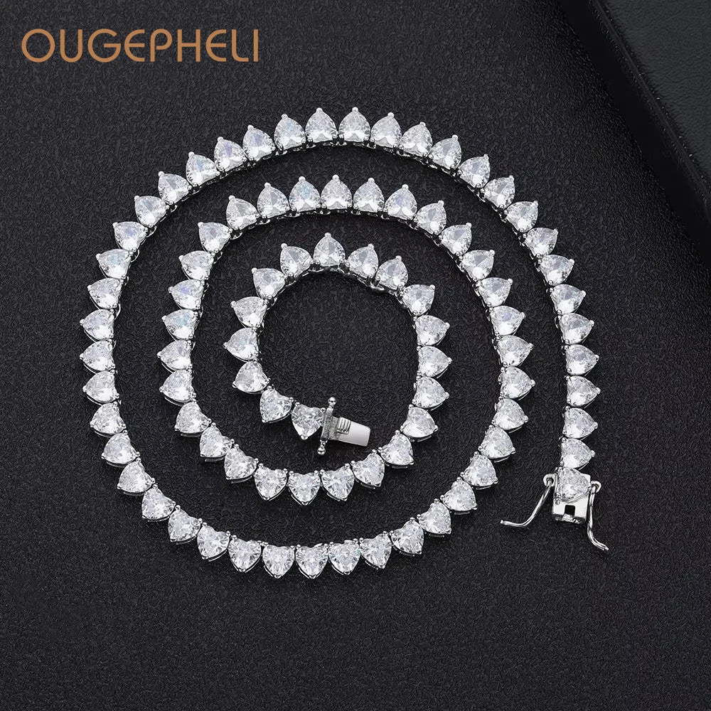 OUGEPHELI 4*4 Heart Shape Tennis Chain Necklace Iced Zircon Gold Plated Brass Hip Hop Jewelry for Men Women Wholesale Custom