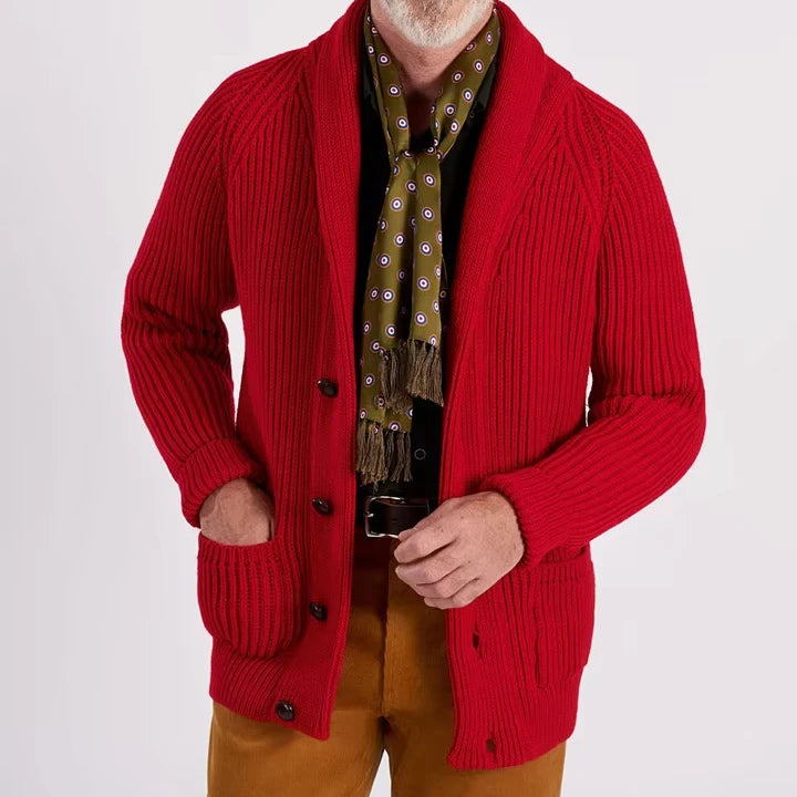 Ottoknit Christmas Cardigan Men Burgundy Knit with Embroidery Details Men's Holiday Cardigan