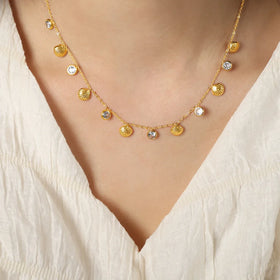 Stainless Steel Round Zircon Small Shell Charm Necklace 18K Gold Plated Non Tarnish Necklaces Women Waterproof Vintage Jewelry