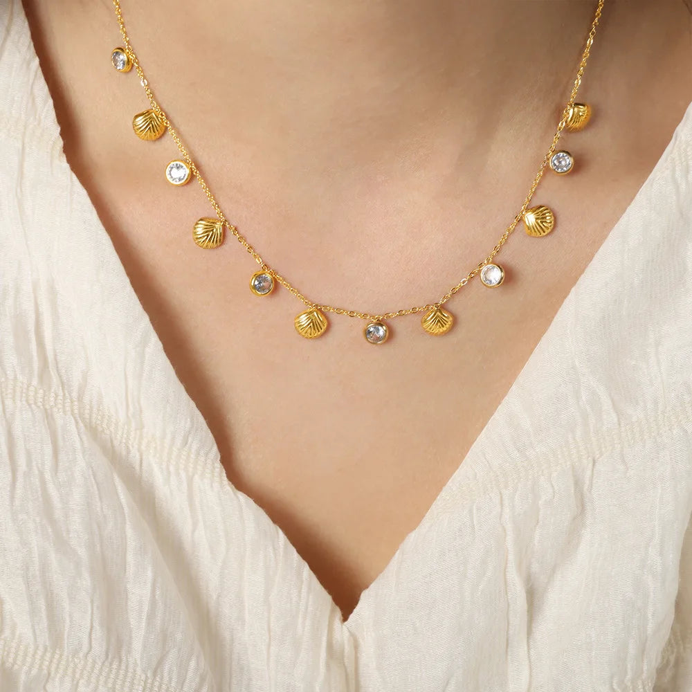 Stainless Steel Round Zircon Small Shell Charm Necklace 18K Gold Plated Non Tarnish Necklaces Women Waterproof Vintage Jewelry