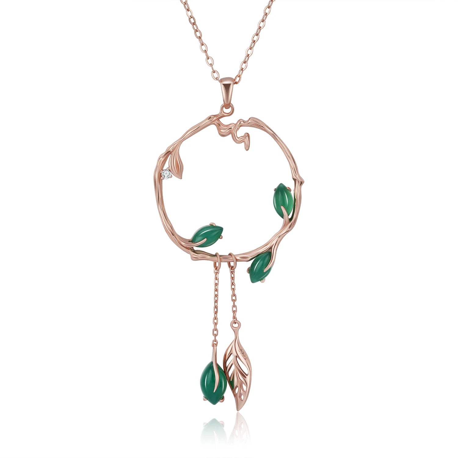 YBO Rose Gold Plated 925 Sterling Silver Pendant Necklace for Women Trendy Natural Stone Jade Chalcedony Bramble Rattan Weddings