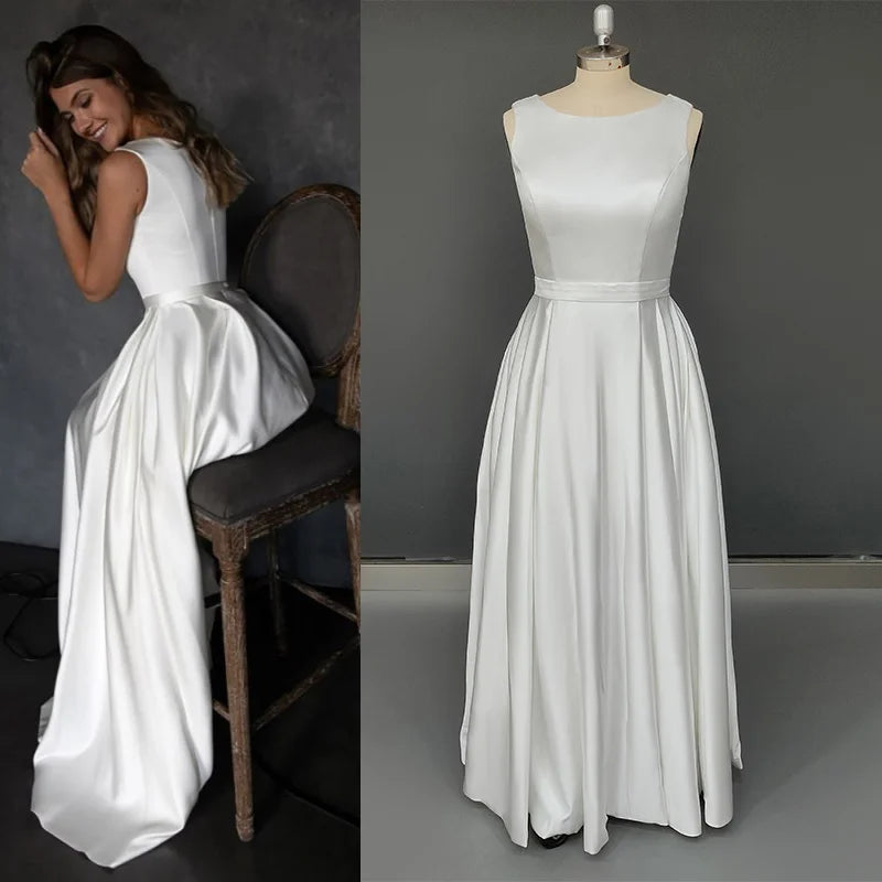 8987#Simple Sleeveless O Neck A-Line Sexy Wedding Dress Vintage Thin Elegant Pleated Wedding Dress Wedding Bridal Gown