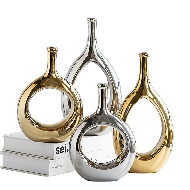 Golden Jade Ring Decorative Vase Doughnut Nordic Modern Silver Ceramic Ornaments Hotel Decorative Vase