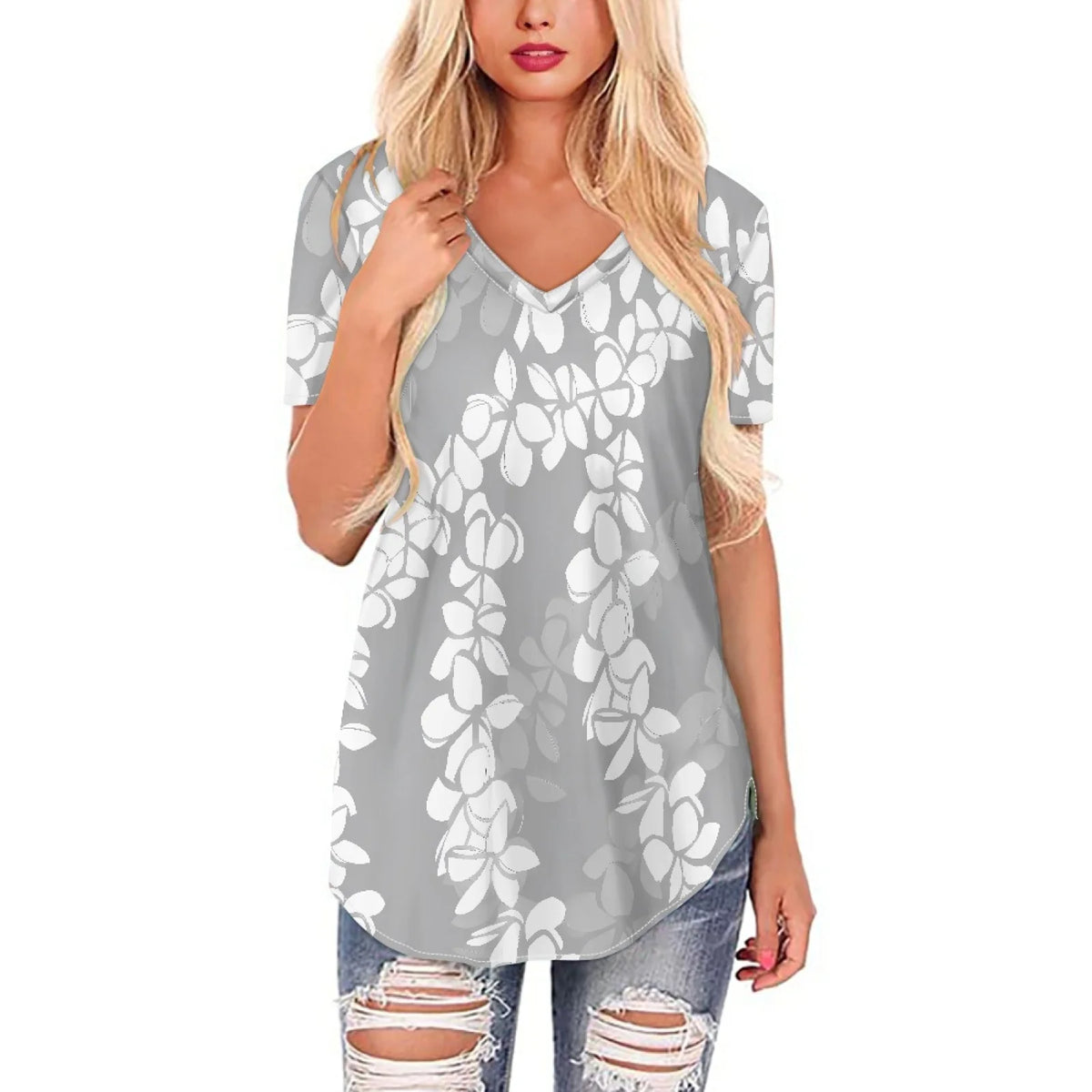 Drop Shipping Puakenikeni Pacific Island Floral Pattern Hawaii Style Gray Chiffon Blouse Short Sleeve Shirts for Women All-match MegaBDM
