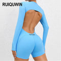 Custom New Solid Women Long Sleeve Yoga Fitness Jumpsuits Backless One Piece Yoga Gym Bodysuit Shorts