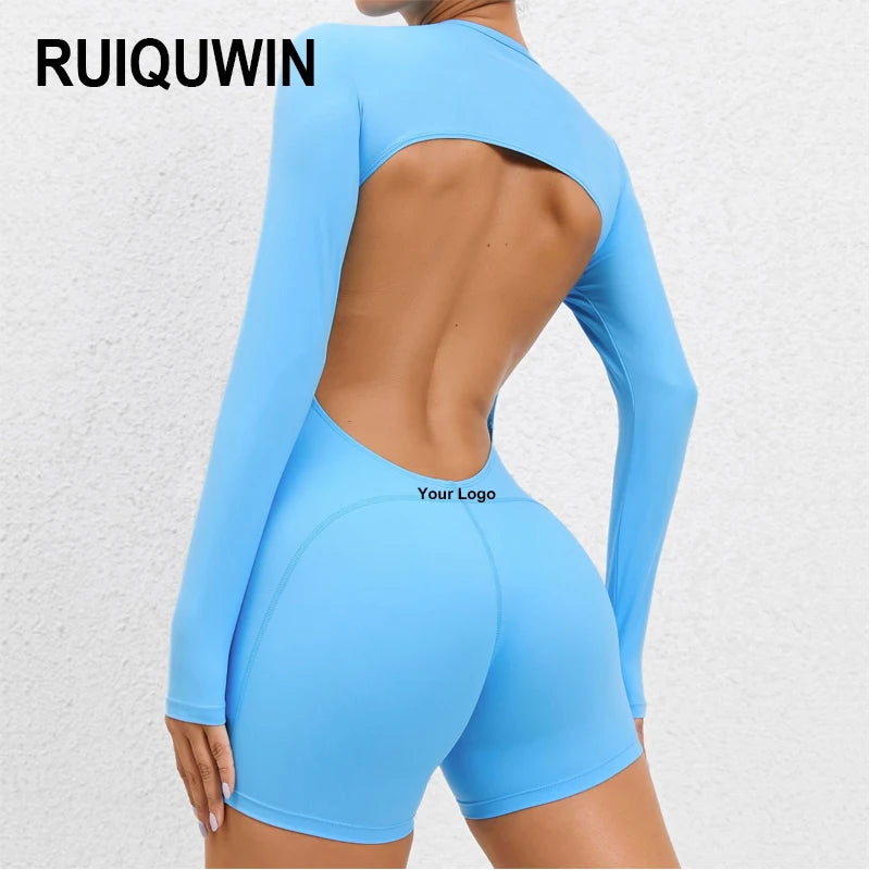 Custom New Solid Women Long Sleeve Yoga Fitness Jumpsuits Backless One Piece Yoga Gym Bodysuit Shorts