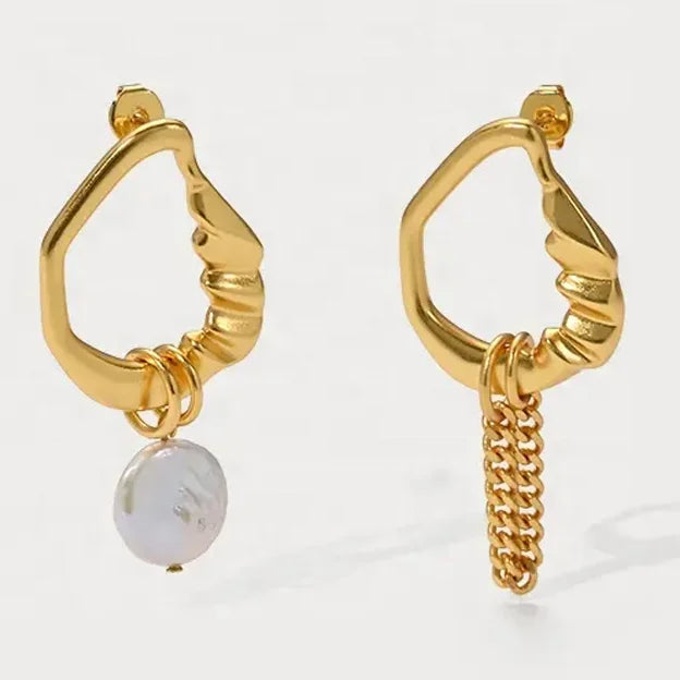 2023 New Vintage Matte Brass 18K Gold Plated Pendant Asymmetric Chain Lock Baroque Pearls Earrings Unisex