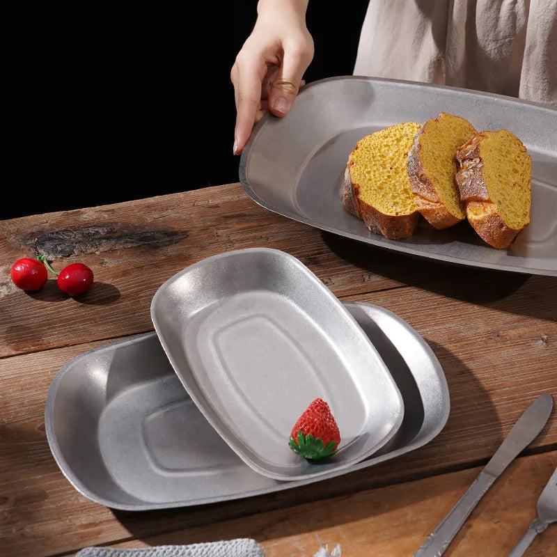 Retro Style SUS304 Oval Shape plate Restaurant Camping Snacks Stainless Steel Metal Food Plate Snack Dessert Platter BBQ Tray
