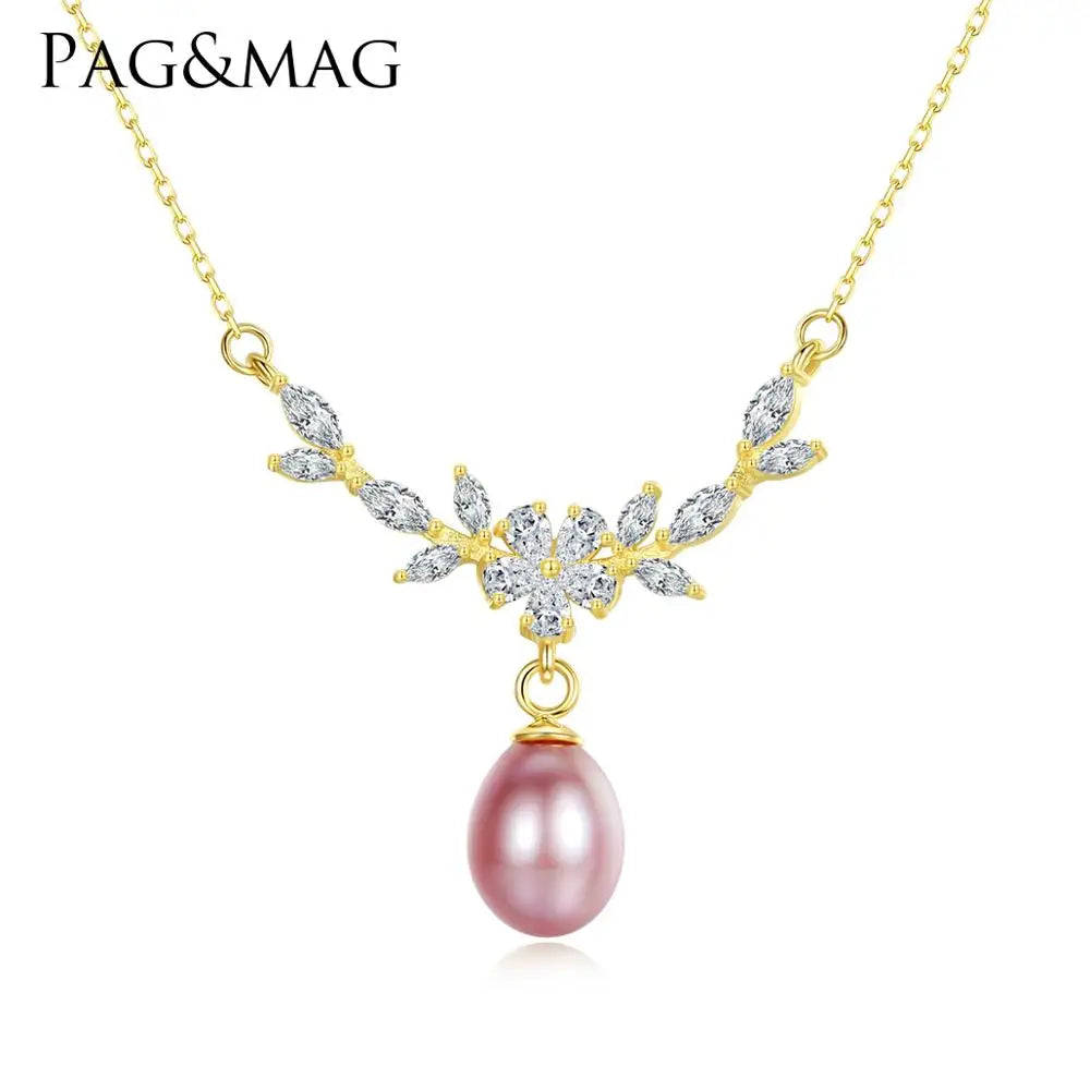 PAG&MAG in Stock Elegant Flower Shaped Pearl Pendant Necklaces 925 Sterling Silver Jewelry